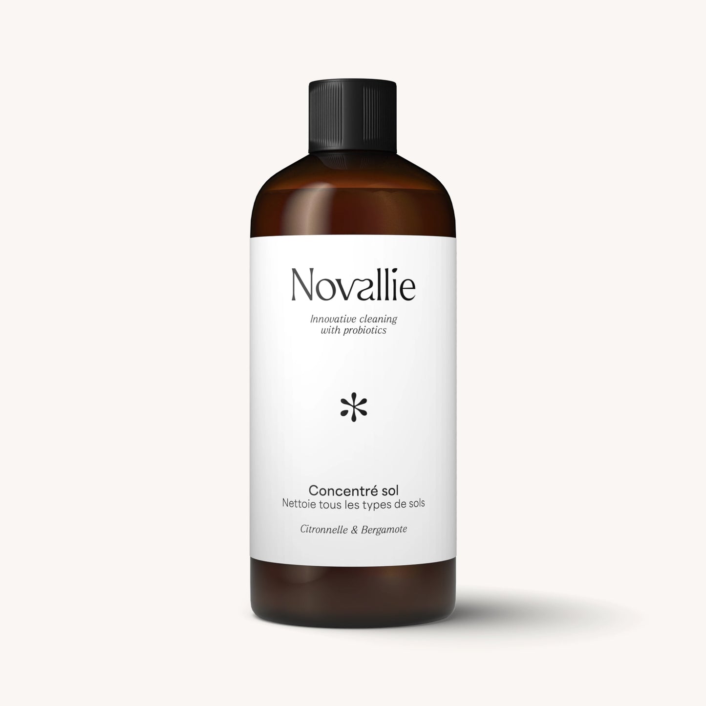 Vue de face du concentré sol Novallie, nettoyant probiotique pour tous types de sols.