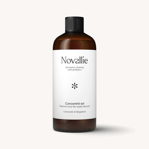 Vue de face du concentré sol Novallie, nettoyant probiotique pour tous types de sols.